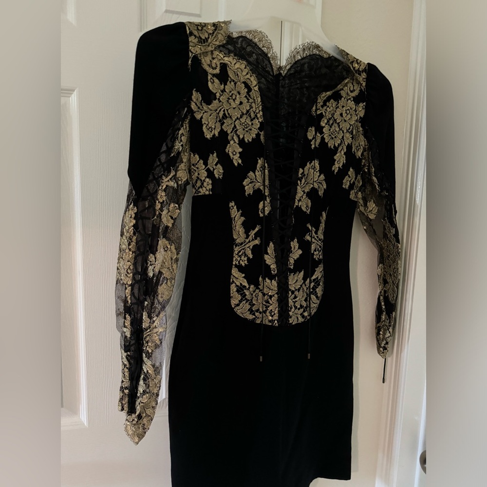Emilio Pucci - Black Dress with Gold Leaf Detail and Lace Up Back - size US 6